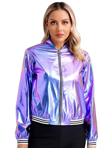 Freebily Damen Metallic Jacke Glitzer Holographic Bomberjacke Karneval Techno Party Festival Oberteil Reflektierend Casual Sportjacke mit Reißverschluss Blau_A M von Freebily
