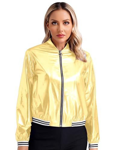 Freebily Damen Metallic Jacke Glitzer Holographic Bomberjacke Karneval Techno Party Festival Oberteil Reflektierend Casual Sportjacke mit Reißverschluss Gold_A XL von Freebily
