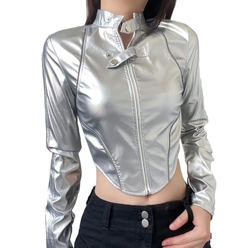 Freebily Damen Metallic Silber Jacke Reflektierend Holographic Bikerjacke Leder Pilotenjacke Techno Party Oberteil Festival Clubwear Streetwear B L von Freebily