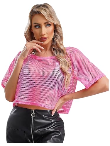Freebily Damen Netzoberteil Festival Partytop Neonfarben Netz T-Shirt 80er 90er Jahre Fasching Karneval Gogo Rave Outfit Sommertop Hotpink M von Freebily