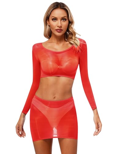 Freebily Damen Nylon Dessous Set Glänzend Glossy Body Stockings Kleid Transparent Crop Top Minirock Sexy Erotische Nachtwäsche Kleid Clubwear Rot_Q Einheitsgröße von Freebily