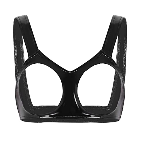 Freebily Damen Offener Brust BH Top Leder-Optik Büstenhebe Büstenhalter Glänzende Wetlook Bra Dessous Unterwäsche Nippelfrei Lingerie Reizwäsche Schwarz 4XL von Freebily