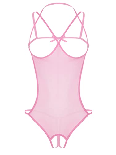 Freebily Damen Ouvert Mesh Bodysuit Durchsichtig Stringbody Jumpsuit Cupless Crotchless Lingerie Erotik Reizwäsche Babydoll Nachtwäsche Rosa One Size von Freebily