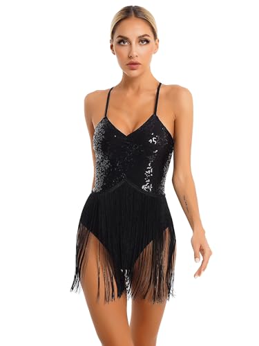 Freebily Damen Pailletten Bodysuit Ballettkleid Tanz Gymnastik Trikot Ballett Leotard Glänzend Fransen Latein Salsa Ballsaal Party Tanzkostüm Schwarz_D M von Freebily