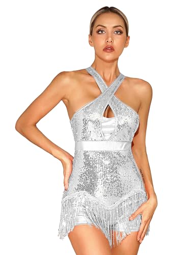 Freebily Damen Tanzkleid Pailletten Latein Salsa Ballsaal Kleid Body Mit Fransen ärmellose Glitzer Ballett Leotard Gymnastik Tanzoverall Tanzkostüm Silber M von Freebily