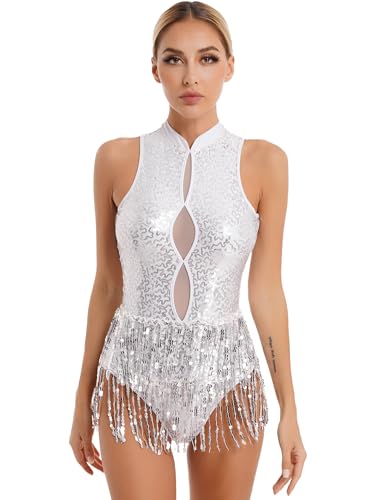 Freebily Damen Pailletten Bodysuit Ballettkleid Tanz Gymnastik Trikot Ballett Leotard Glänzend Fransen Latein Salsa Ballsaal Party Tanzkostüm Weiß_B L von Freebily