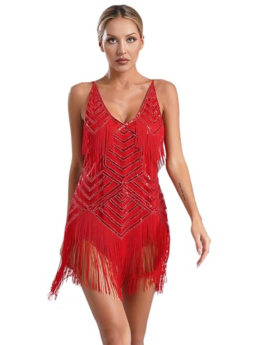Freebily Damen Retro 1920s Pailletten Fransenkleid V Ausschnitt Glitzer Tanzkleid Latin Dance Kleid Kurz Vintage Party Fasching Kostüm Rot S von Freebily