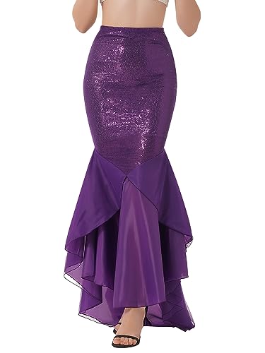 Freebily Damen Meerjungfrau Schwanz Kostüm Rock Mermaid Tail Pailletten Röcke Maxirock Festlich Bodenlang für Karneval Fasching Halloween Party Lila 4XL von Freebily