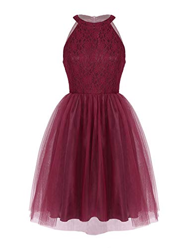 Freebily Damen Spitzenkleid Brautjungfer Elegant Party Knielang Cocktailkleid Ärmellos Sommerkleid Einfarbig Brautjungfern Hochzeitskleider Burgund 40 von Freebily