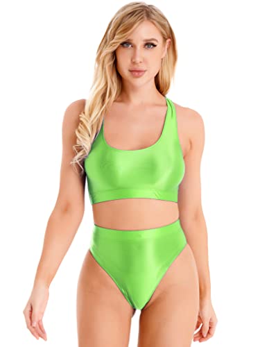 Freebily Damen Sport BH Set Ohne Bügel Glanz Crop Top Bralette mit Slip Bequeme Stretche Schlaf Training Lingerie Set Schwimmanzug Set A_Neongrün M von Freebily