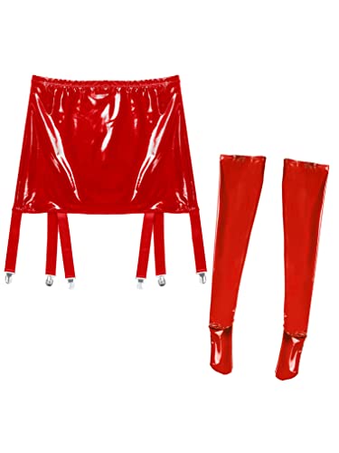 Freebily Damen Strapsen Dessous Set Leder Strapsgürtel Breit mit 6 Halter Strapse Metallclip Wetlook Rock Leder Latex Strümpfe Set A_Rot XL von Freebily