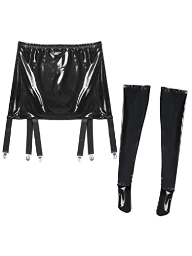 Freebily Damen Strapsen Dessous Set Leder Strapsgürtel Breit mit 6 Halter Strapse Metallclip Wetlook Rock Leder Latex Strümpfe Set A_Schwarz L von Freebily
