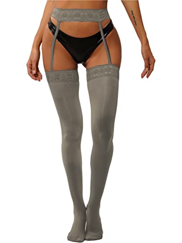 Freebily Damen Strapsstrümpfe Durchsichtige Klassische Strapse Strümpfe Oberschenkel Strümpfe mit Strapsgürtel Strumpfband Open Crotch Pantyhose A_Grau Einheitsgröße von Freebily