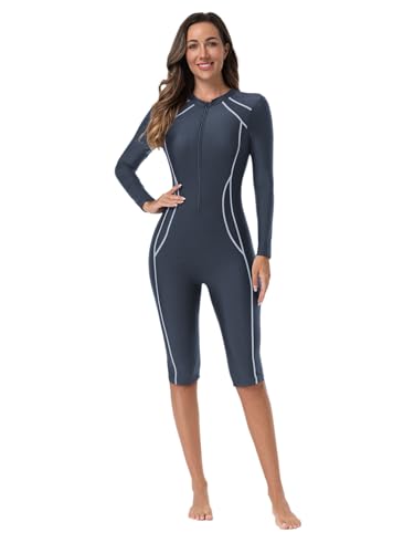Freebily Damen Surfanzug Badeanzug Langarm Mit Bein Einteilige Sport Bademode Mit Cups UV Schutz Schwimmbekleidung Grau L von Freebily