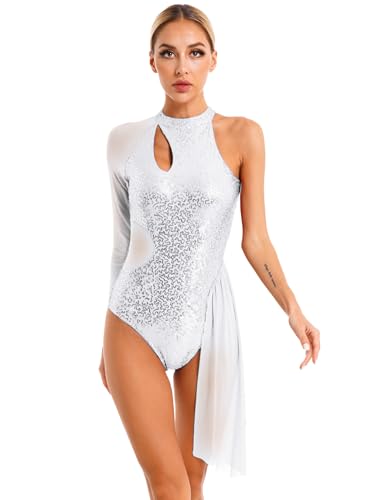 Freebily Damen Tanzbody Glitzer Langarm Mit Mesh Rock Pailletten Ballett Body Eiskunstlauf Gymnastik Trikot Leotard Ballettkleidung Tanzkleidung Silber_A M von Freebily