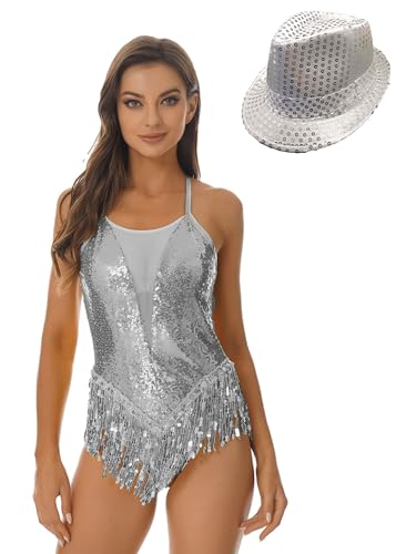 Freebily Damen Tanzbody Glitzer Pailletten Fransen Latin Jazz Ballsaal Kleid Tanztrikot Ballett Leotard Hut/Handschuhe Performance Party Tanzkostüm Silber_A&Hut XXL von Freebily