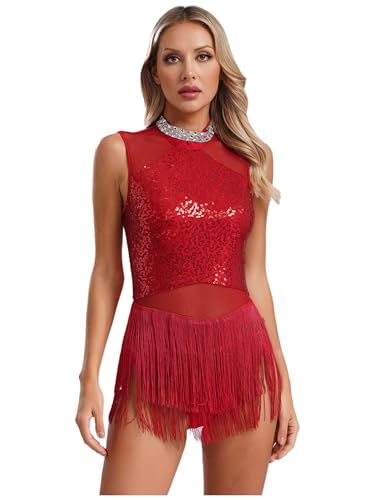 Freebily Damen Tanzkleid Glitzer Fransen Latein Salsa Kleid Ärmellos Pailletten Tanzbody Ballett Leotard Quastenrock Ballsaal Tanzkostüm Burgundy L von Freebily