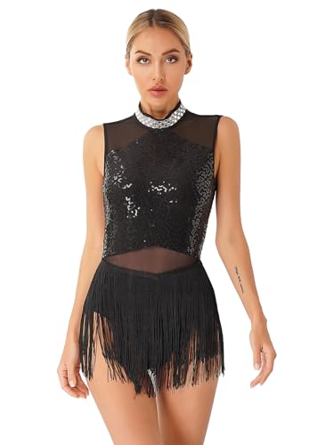 Freebily Damen Tanzkleid Glitzer Fransen Latein Salsa Kleid Ärmellos Pailletten Tanzbody Ballett Leotard Quastenrock Ballsaal Tanzkostüm Schwarz S von Freebily
