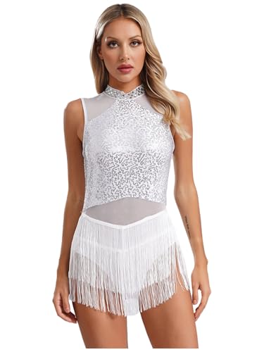 Freebily Damen Tanzkleid Glitzer Fransen Latein Salsa Kleid Ärmellos Pailletten Tanzbody Ballett Leotard Quastenrock Ballsaal Tanzkostüm Weiß L von Freebily