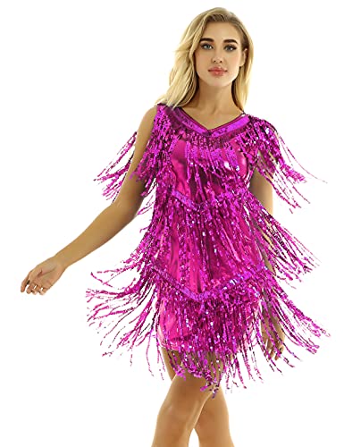 Freebily Damen Tanzkleid Glitzer Pailletten Quaste Karneval Partykleider Lateinkleid Rumba Salsa Tango Cha Cha Kleid Festzug Tanzkleidung Rosa B M von Freebily