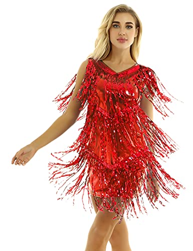 Freebily Damen Tanzkleid Glitzer Pailletten Quaste Karneval Partykleider Lateinkleid Rumba Salsa Tango Cha Cha Kleid Festzug Tanzkleidung Rot B M von Freebily