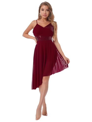 Freebily Damen lyrisches Tanzkleid Pailletten Ballettanzug Latein Ballsaal Gymnastik Trikot mit Asymmetrisch Mesh Rock Tanz Übung Kleidung Burgundy C L von Freebily