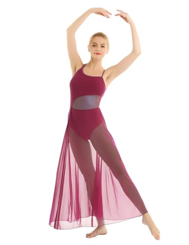Freebily Damen Tanzkleid Träger Lyrisch Ballett Kleid Latin Tango Kleid Ballettanzug Leotard Mit Tüll Rock Gymnastik Ballerina Kleid Tanzkostüm Weinrot S von Freebily