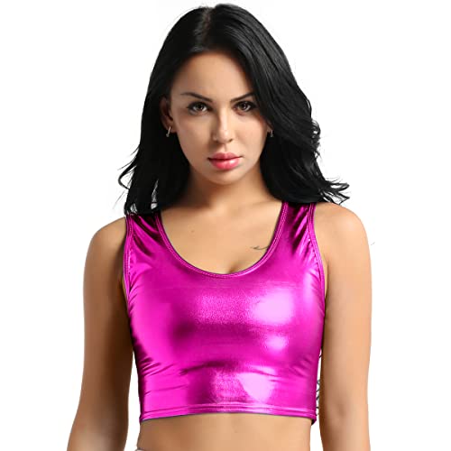 Freebily Damen Glänzend Metallic Crop Tank Top T-Shirt Bauchfrei Wetlook Shirt Sport Tanz Oberteil Fastnacht Party Gogo Rave Outfit Clubwear Rose Einheitsgröße von Freebily