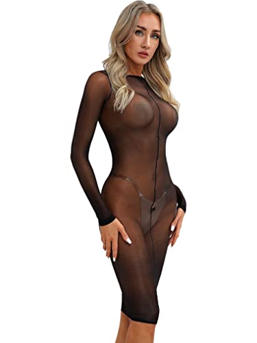 Freebily Damen Transparent Bodycon Kleid Glanz Glossy Bodystockings Stretch Bandage Kleid Erotik Negligee Nachtkleid Etuikleid A_Schwarz Einheitsgröße von Freebily