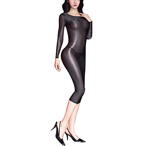 Freebily Damen Transparent Bodycon Kleid Glanz Glossy Bodystockings Stretch Bandage Kleid Erotik Negligee Nachtkleid Etuikleid B_Schwarz Einheitsgröße von Freebily