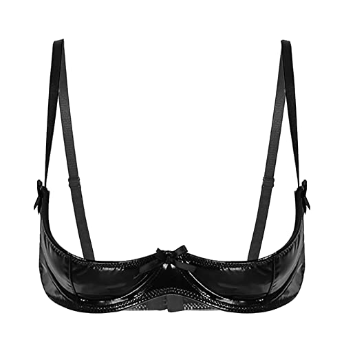 Freebily Damen Hebe BH Ouvert Büstenhebe Leder Wetlook Dessous Bralette Büstenhalter Erotik Unterwäsche Reizwäsche Schwarz_A M von Freebily