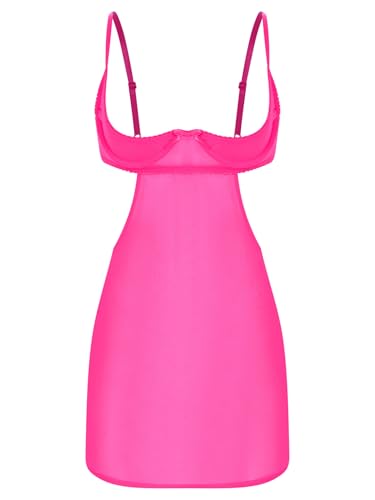 Freebily Damen Transparent Mesh Kleid Busenfreies Mini Trägerkleid Mit 1/4 Cup Bügel BH Versuchung Nachtwäsche Hot Pink S von Freebily
