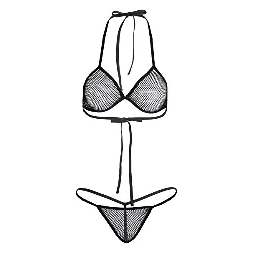 Freebily Damen Transparent Netz Dessous Set Erotik Bikini Set Neckholder Bikini BH mit G-String Fischnetz Lingerie Set Reizwäsche Schwarz M von Freebily