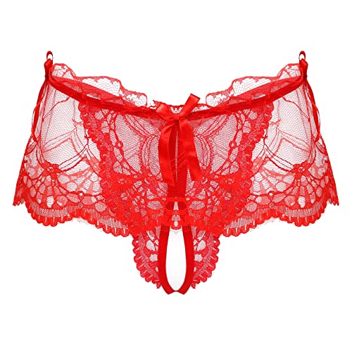 Freebily Damen Transparent Slip Ouvert Spitze Höschen Offener Schritt Mesh Dessous Unterwäsche Rüschen Unterhose Panty Briefs Rot_D XL von Freebily