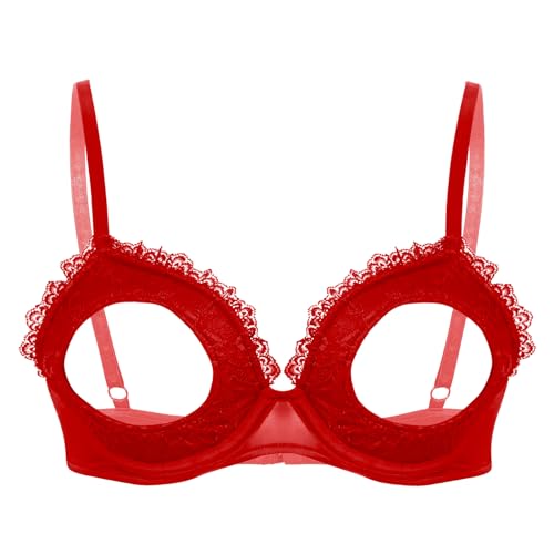 Freebily Damen Hebe BH Offene Brüste Sexy Transparent Spitze Bügel BH Push Up Sexy Busenfreie Reizwäsche Dessous Rot XXL von Freebily