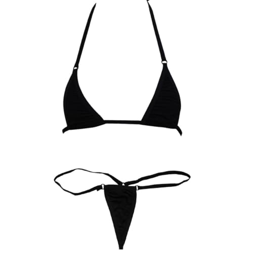 Freebily Damen Triangel Bikini Set Sexy Neckholder BH Bra String Tanga Micro Mini Badeanzug Bademode Badebekleidung Schwarz Einheitsgröße von Freebily