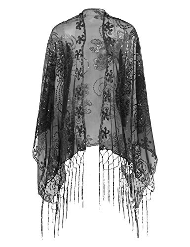 Freebily Damen Umschlagtuch Stola für Abendkleid Retro Vintage 1920er Jahre Schal Mesh Pailletten Hochzeit Cape Fransen Abend Schal Wrap Schwarz One Size von Freebily