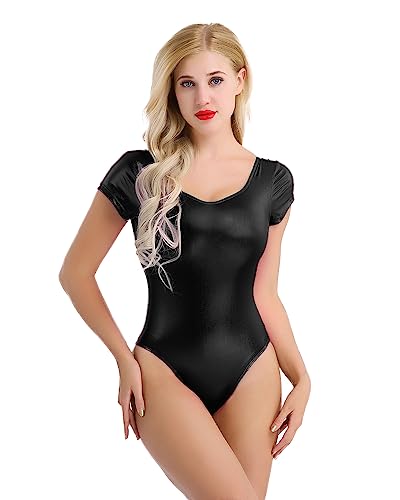 Freebily Damen Wetlook Body Glänzend Tanzbody Ballett Leotard Gymnastikanzug Turnanzug Trikot Disco Party Gogo Tanzkleidung Overall Schwarz kurzarm M von Freebily