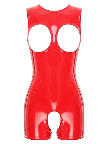 Freebily Damen Wetlook Bodysuit Glänzend Lackleder Catsuit Jumpsuit Brustfrei Leder Body Ouvert Wetlook Dessous Frauen Mit öffnung Rot M von Freebily