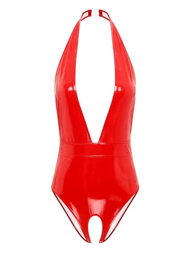 Freebily Damen Wetlook Bodysuit Glänzend Lackleder Catsuit Ouvert Ouvert Brustfrei Tiefer V Ausschnitt Neckholder Jumpsuit Erotische Wäsche Rot XXL von Freebily