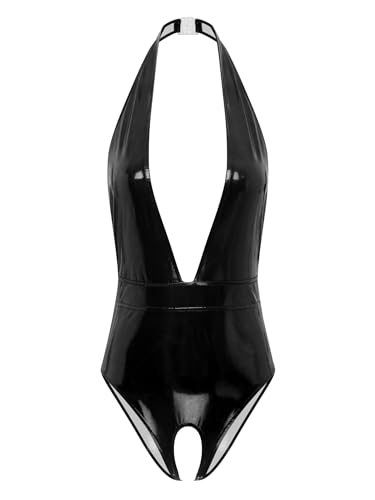Freebily Damen Wetlook Bodysuit Glänzend Lackleder Catsuit Ouvert Ouvert Brustfrei Tiefer V Ausschnitt Neckholder Jumpsuit Erotische Wäsche Schwarz L von Freebily