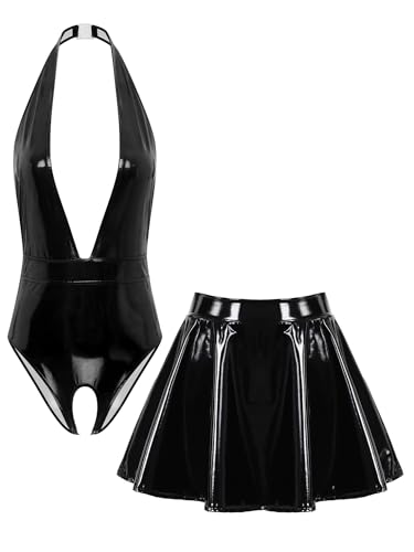 Freebily Damen Wetlook Catsuit Ouvert Stringbody Leder Mini Rock 2pcs Set Lack Leder Outfit Sex Erotische Wäsche Schwarz XL Freebily Damen Wetlook Catsuit Ouvert Stringbody Leder Mini Rock 2pcs Set Lack Leder Outfit Sex Erotische Wäsche Schwarz XL von Freebily