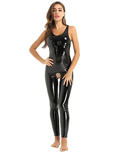 Freebily Damen Wetlook Catsuit Overall Ouvert Glänzend Lackleder Jumpsuit Ganzkörperanzug Erotik Dessous Exklusives Clubwear Schwarz 4XL von Freebily