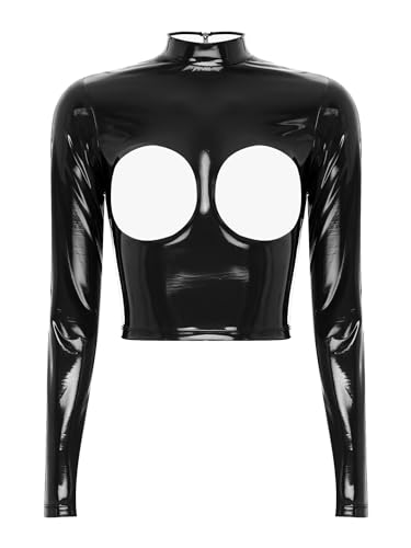 Freebily Damen Wetlook Crop Tank Top Lack Latex Büstenhebe Offene Brust BH Lackleder Unterwäsche Top Party Clubwear Pole Dance Outfit C_Schwarz XL von Freebily