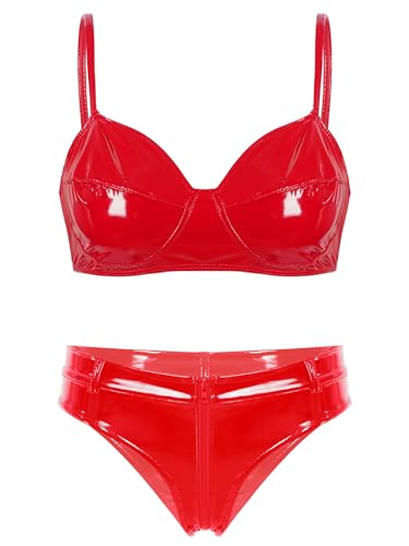 Freebily Damen Wetlook Dessous Lack Leder Unterwäsche Bra G-String Leder Bikini Set Erotik Lingerie Nachtclub Gogo Outfit Clubwear Rot M von Freebily