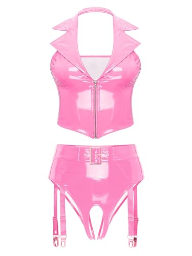 Freebily Damen Wetlook Dessous Set Leder Bikini Set Lingerie Lack Bra & G-String Unterwäsche Erotik Negligee Nachtclub Gogo Outfit Clubwear Rosa_Y 3XL von Freebily