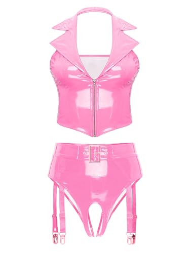 Freebily Damen Wetlook Dessous Set Lack Leder Weste Crop Top Ouvert G-String Strapse Slip Set Erotik Lingerie Nachtclub Gogo Outfit Clubwear Rosa 3XL von Freebily