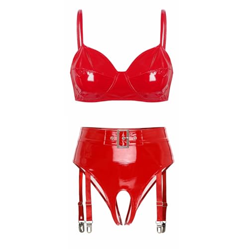 Freebily Damen Wetlook Dessous Set Leder Bikini Set Lingerie Lack Bra & G-String Unterwäsche Erotik Negligee Nachtclub Gogo Outfit Clubwear Rot_Q S von Freebily