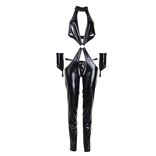 Freebily Damen Wetlook Dessous Set Ouvert Catsuit Domina Outfit Gogo Clubwear Lack-Optik Bodysuit mit Kette Brust G-String Schwarz B M von Freebily