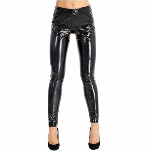 Freebily Damen Wetlook Leggings Ouvert Glänzend Lackleder Hose Stretch PU Lederhose Pants Tights Skinny Clubwear Schwarz S von Freebily